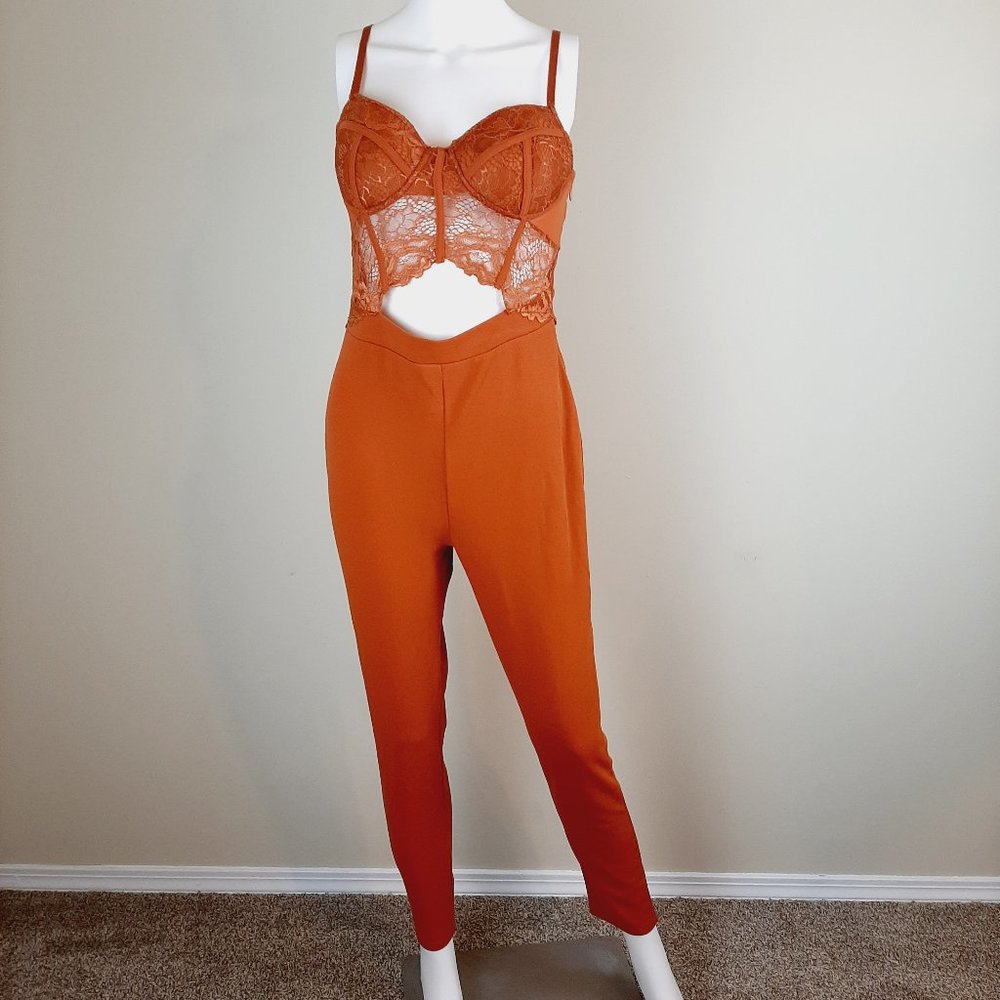 Blashe Women's Jumpsuit Size Large Orange Lace Bustier Cutout One Piece